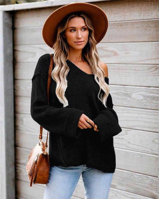 V-Neck Plus Size Sweater Solid Color Pullover Sweater - Mubimart