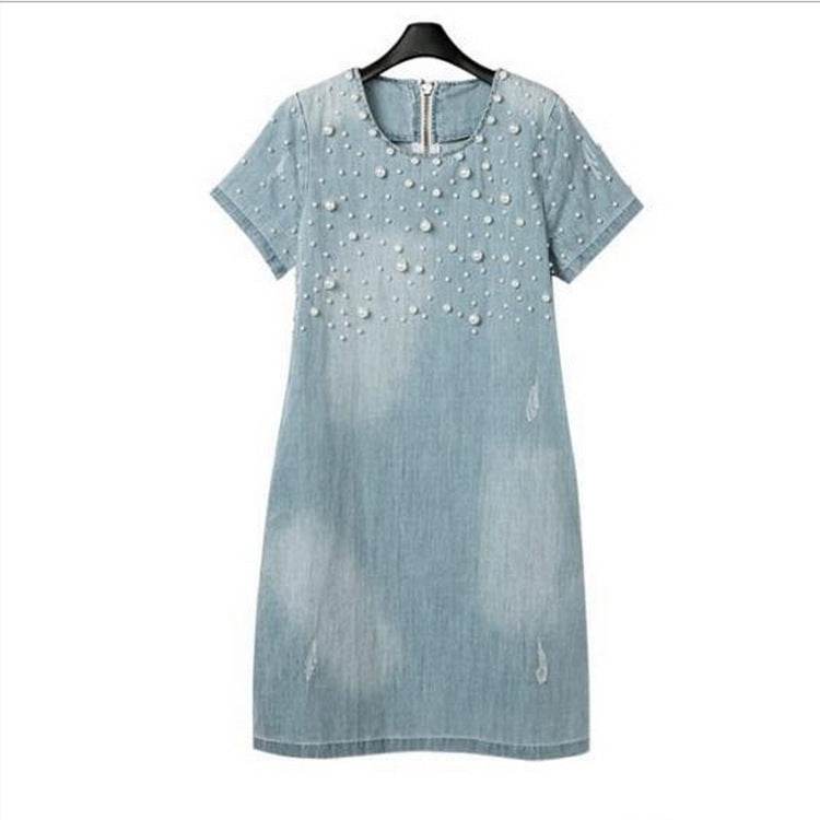 Summer new European and American large size women's washed beaded loose short-sleeved denim dress - Mubimart