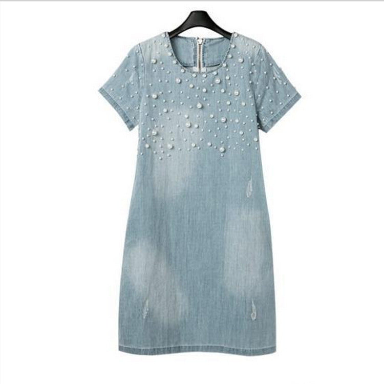 Summer new European and American large size women's washed beaded loose short-sleeved denim dress - Mubimart -  