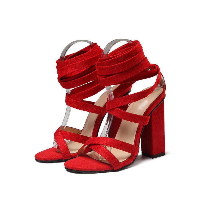 Strappy round toe chunky high heel sandals