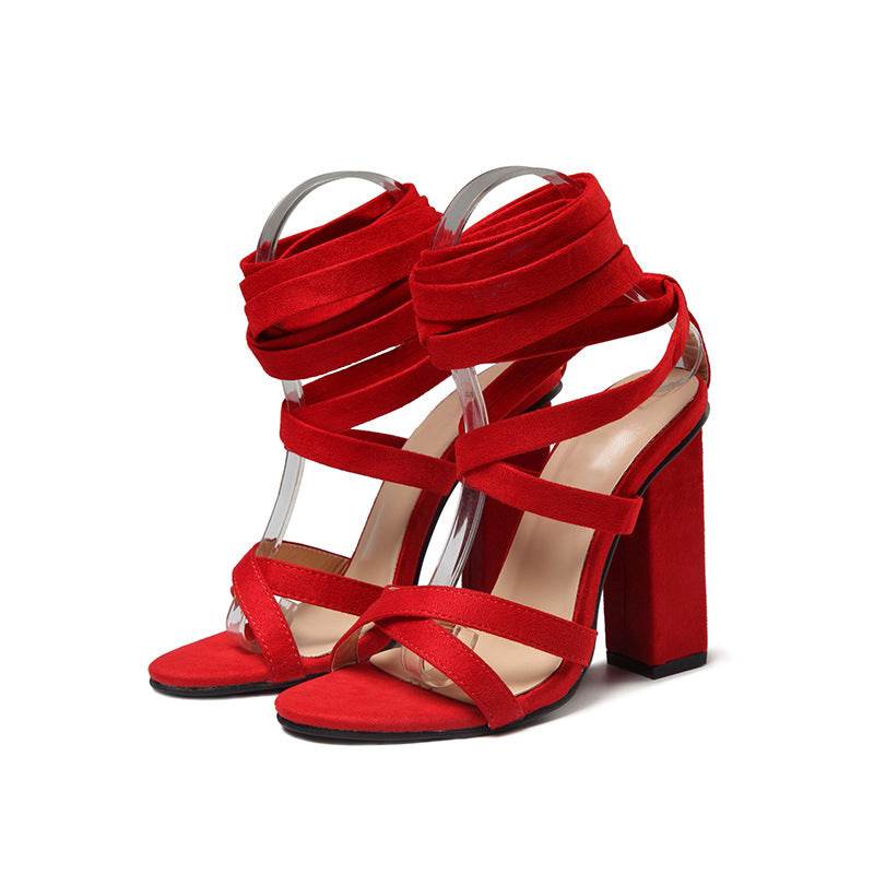 Strappy round toe chunky high heel sandals - Mubimart