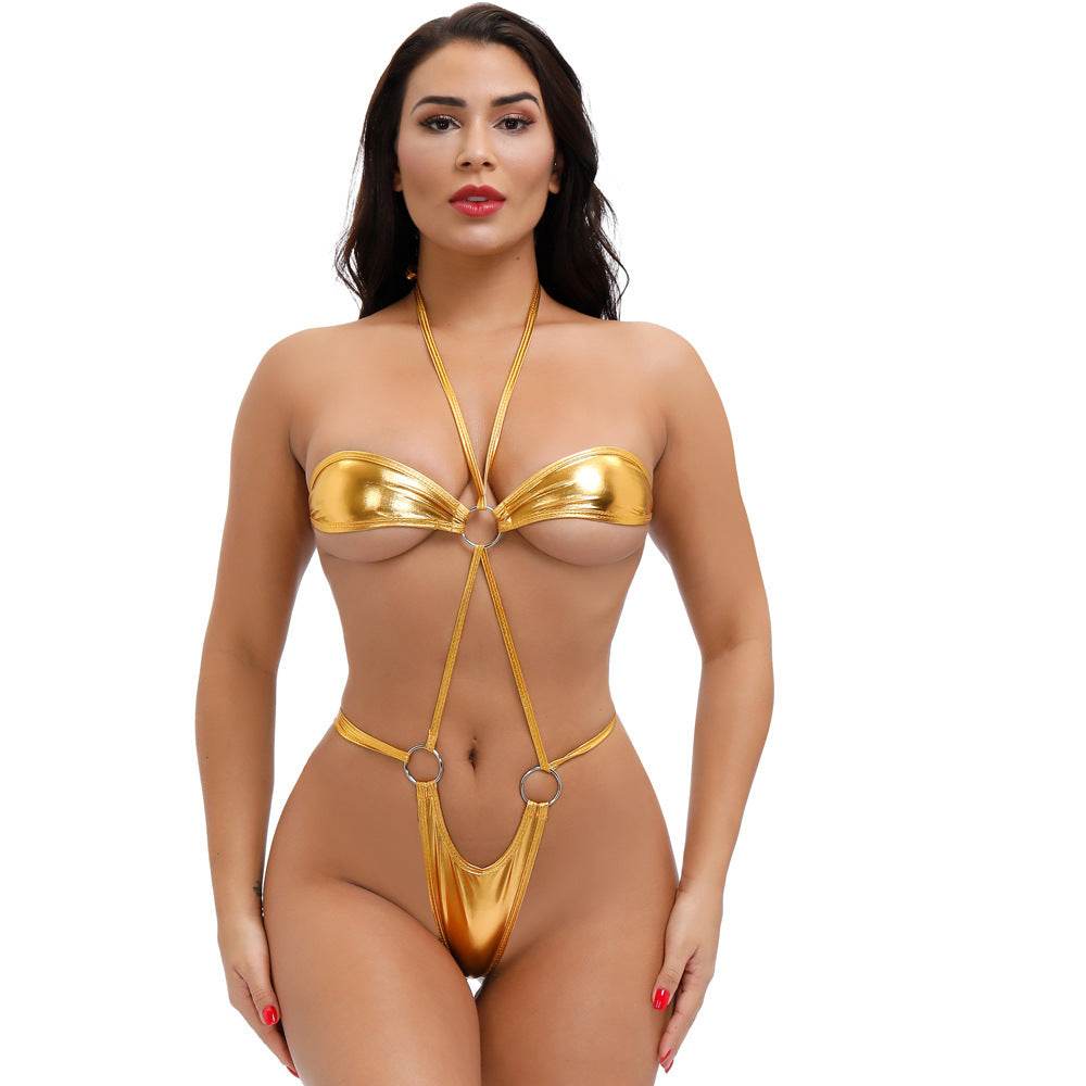 Seaside Imitation Leather Three-Point Bikini Bra T-Shirt Tie Suit Size Women - Mubimart