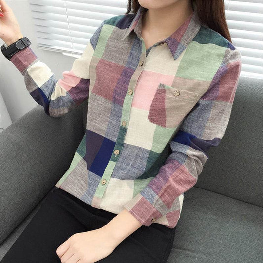 asual Plaid Women Blouses Kimono Vintage Linen Cotton Long Sleeve Blouse Female Shirts Tops - Mubimart