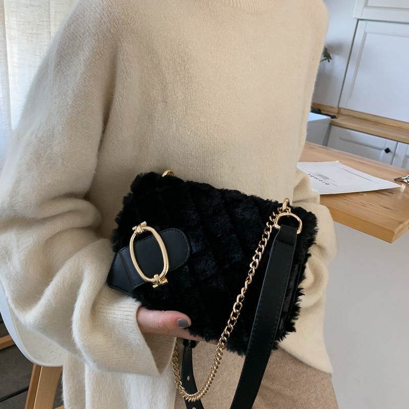 Soft Plush Ladies Square Messenger Bag Winter Female Bag Lady Designer Handbag Chain Shoulder Messenger Bag - Mubimart