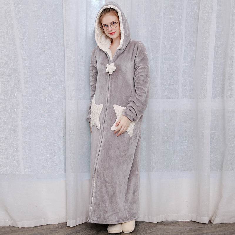 Women Men Winter Bath Robe Hooded Night Dress Gown Sleepwear - Mubimart