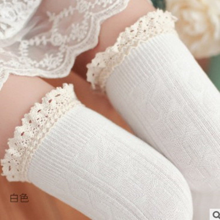 Lace lace over knee socks, high stockings, preppy stockings - Mubimart -  