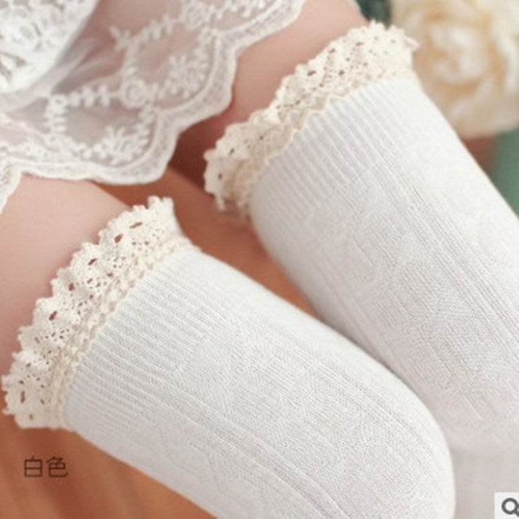 Lace lace over knee socks, high stockings, preppy stockings - Mubimart