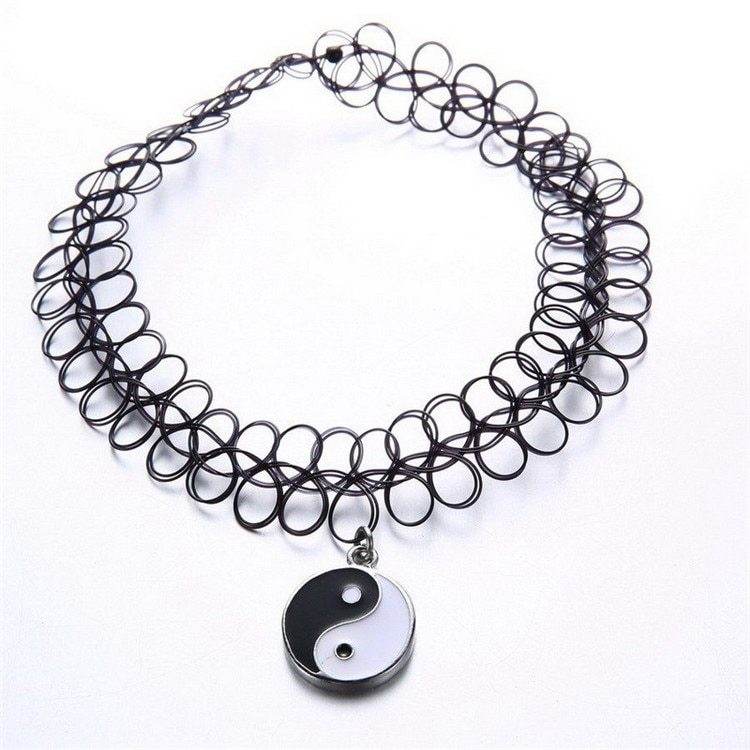 Black Plastic Choker Necklace Women Elastic Tattoo Chokers Gothic Punk Yin Yang Pendants 90s Chocker - Mubimart
