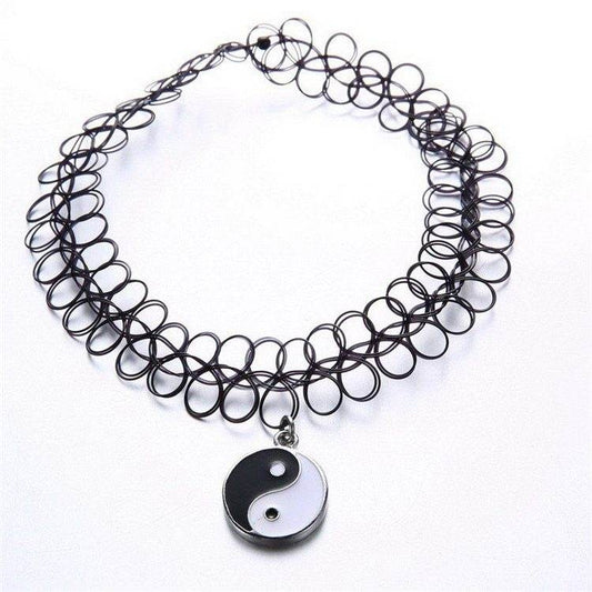 Black Plastic Choker Necklace Women Elastic Tattoo Chokers Gothic Punk Yin Yang Pendants 90s Chocker - Mubimart