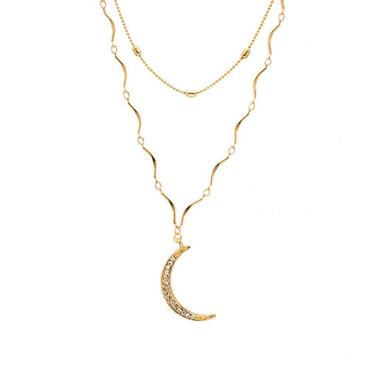 Double Chain Crystal Moon Choker Pendant Women - Mubimart