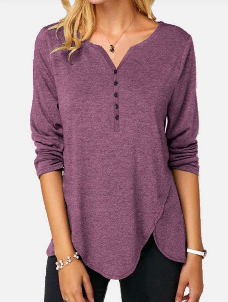 Long Sleeve V-neck Single-breasted Plus Size T-shirt - Mubimart
