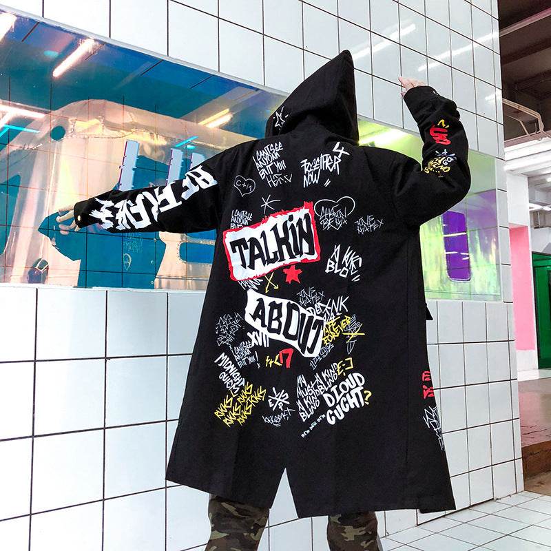 Dark graffiti trench coat - Mubimart