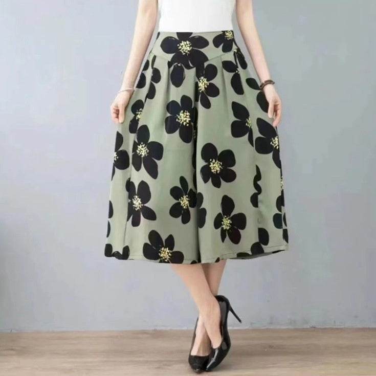 Slim And Casual High Waisted Printed Wide Leg Capris - Mubimart