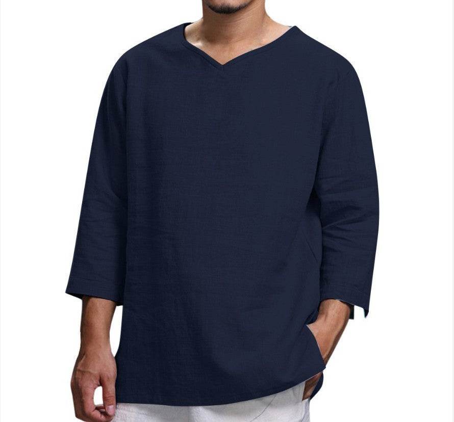 Loose Casual V-neck Top Cotton And Linen Long Sleeve Pullover Shirt Mens Clothing - Mubimart