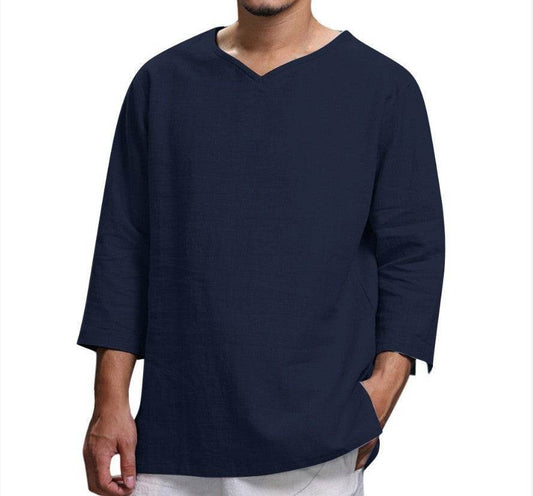 Loose Casual V-neck Top Cotton And Linen Long Sleeve Pullover Shirt Mens Clothing - Mubimart