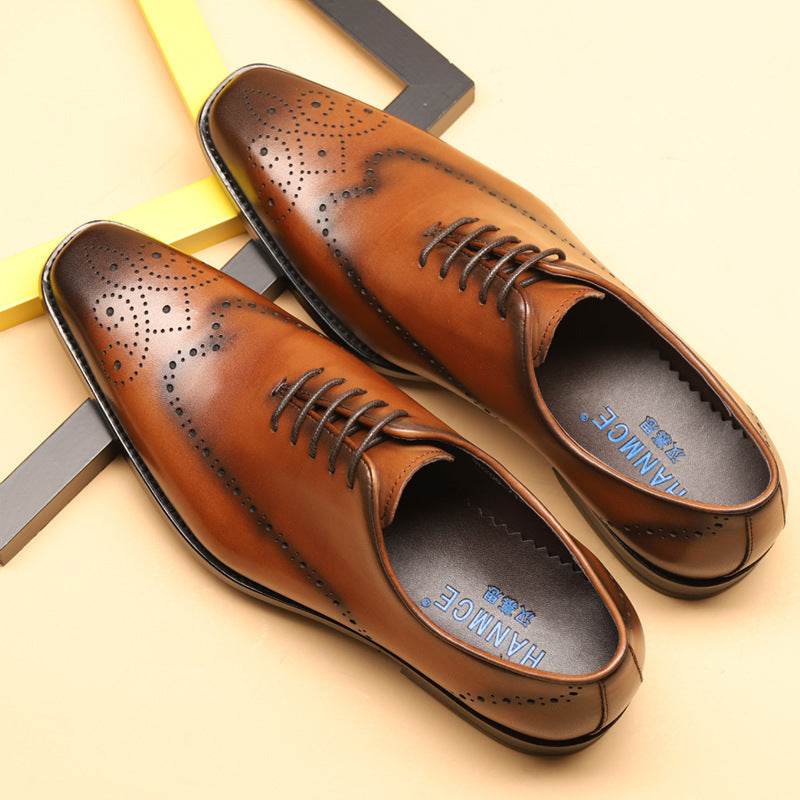 Brock Carved Men's Shoes Business Dress Leather Pointed Shoes - Mubimart