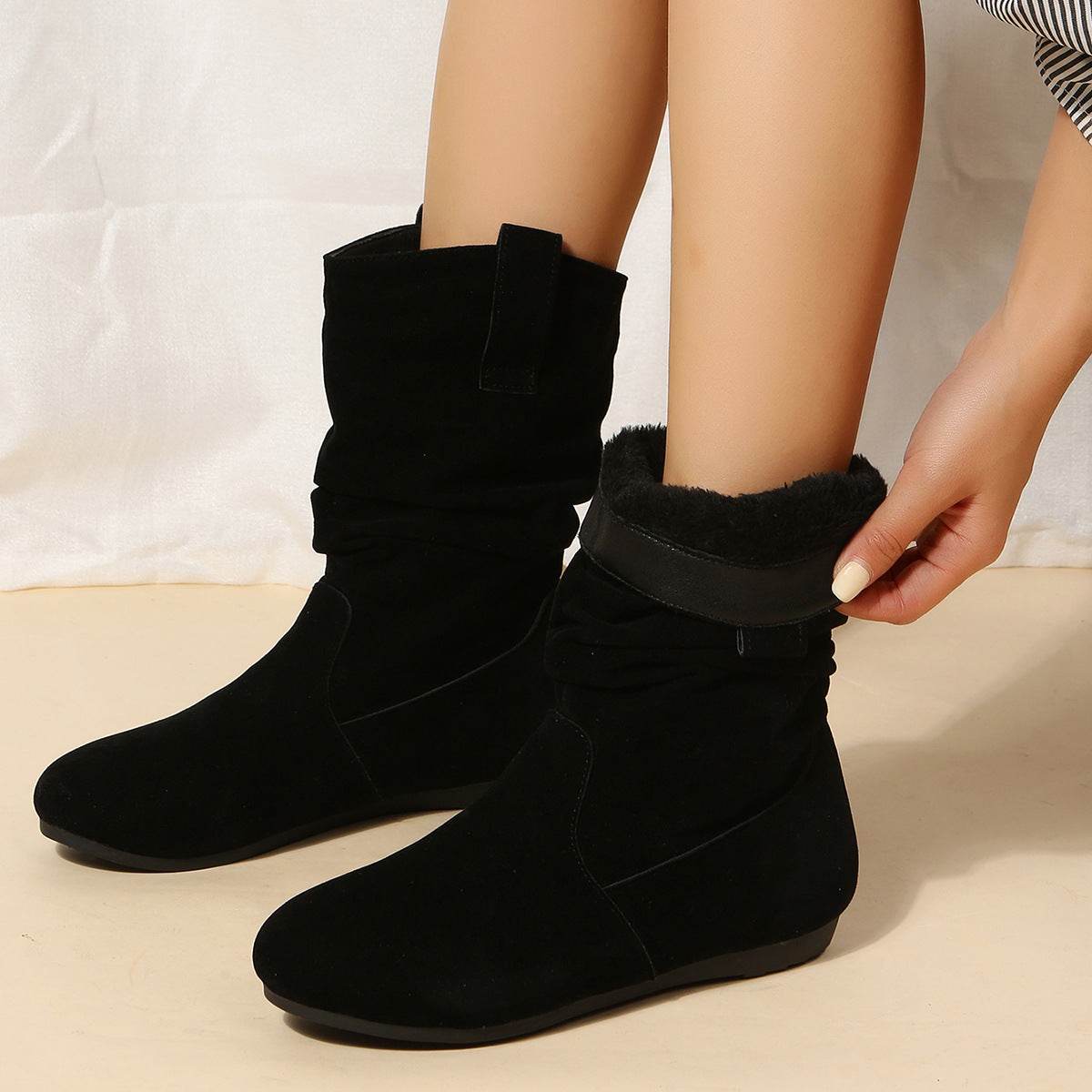 Round Toe Flat Boots Fashion Solid Color Suede Mid-calf Boot Winter Warm Shoes For Women - Mubimart