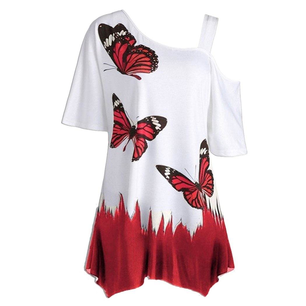 Short Sleeve Women Tops One Shoulder Summer Fashion Butterfly Printed Blouse Plus Size Tunic Casual Shirts Loose Blusas - Mubimart