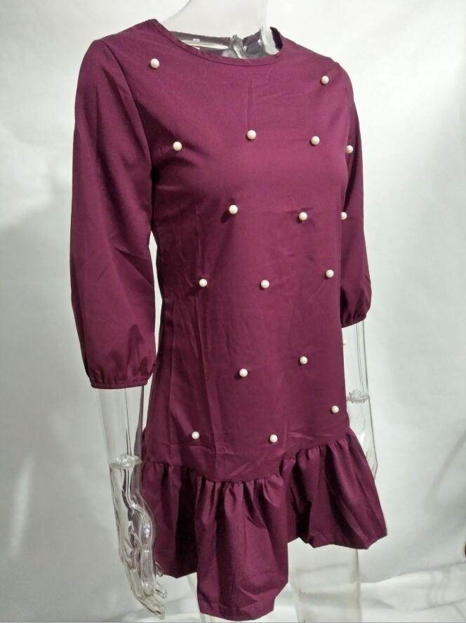 Stylish Autumn Style Women Casual Sleeve Half O-neck Beaded Ruffle Dress Chasuble Autumn Mini Dresses Straight Plus Size - Mubimart