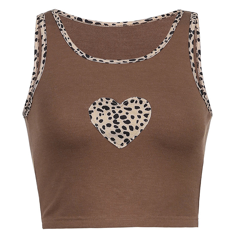 Patchwork Brown Cute Tops Women Leopard Heart Sexy Tank Top - Mubimart - Tank Top 