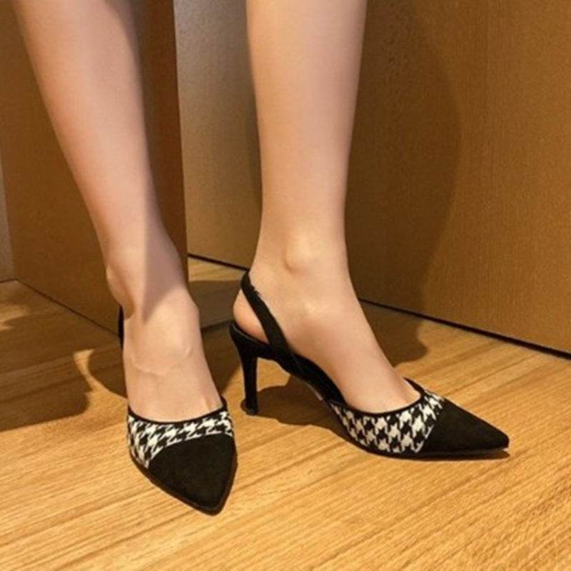 All-match pointed shallow mouth slingback strappy heel black sandals - Mubimart