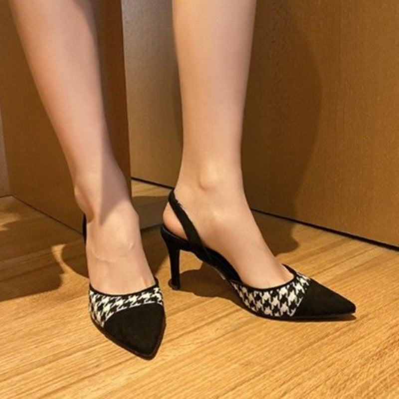 All-match pointed shallow mouth slingback strappy heel black sandals