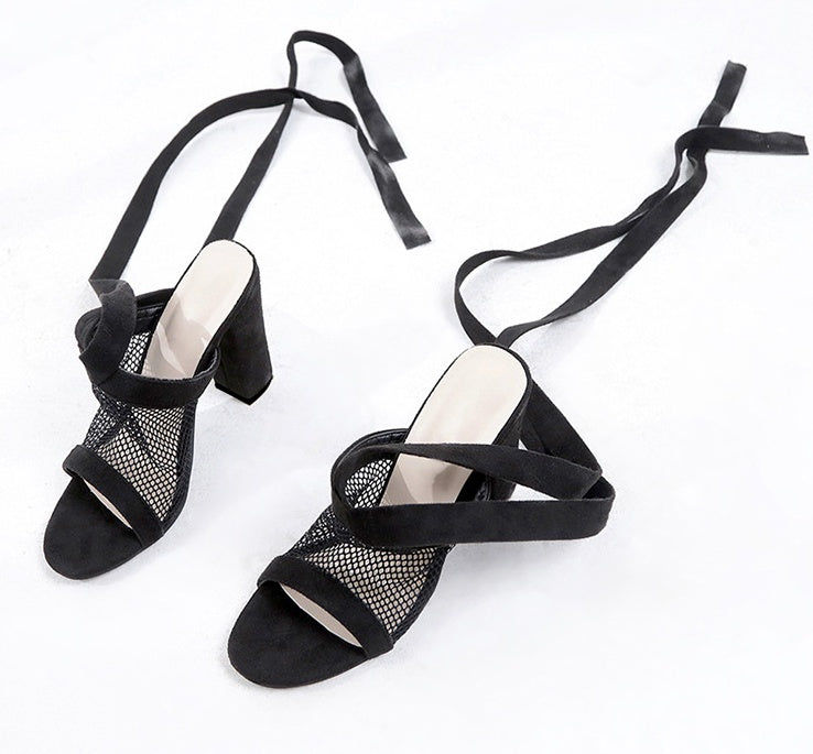 Frauen Sandalen Bandage Flock Cross Strap Lace Up High Heels Sandale 