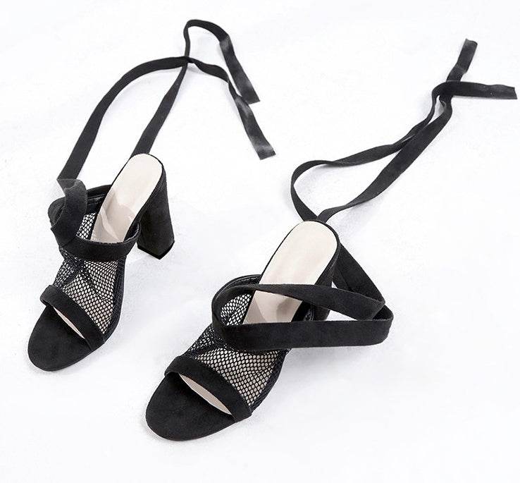 Women Sandals Bandage Flock Cross Strap Lace Up High Heels Sandal - Mubimart