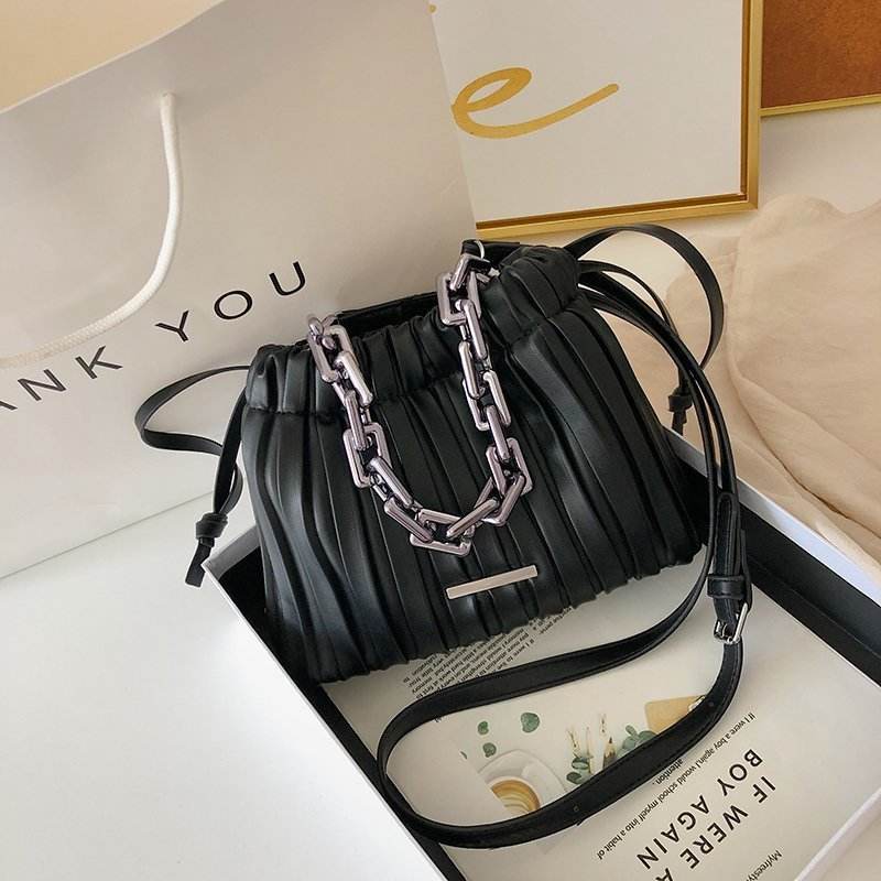 Designer Women Bags Drawstring Bucket Bag with Thick Chain Crossbody Bag - Mubimart