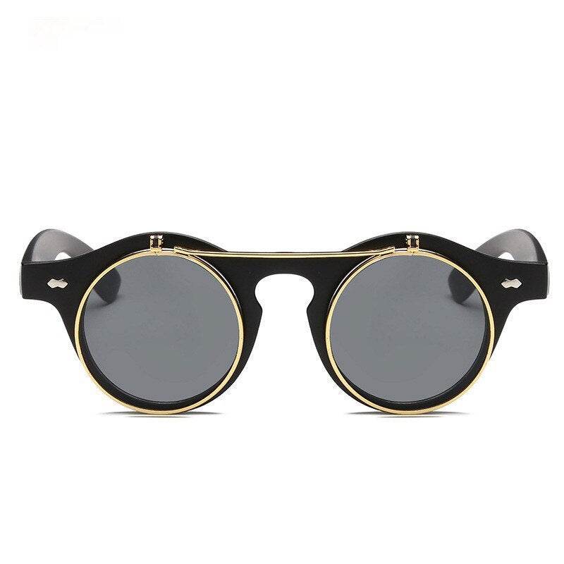 Sunglasses Women Brand Designer Retro Round Steampunk Steam Punk Metal Flip Cover Fashion Sun Glasses - Mubimart