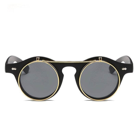 Sunglasses Women Brand Designer Retro Round Steampunk Steam Punk Metal Flip Cover Fashion Sun Glasses - Mubimart