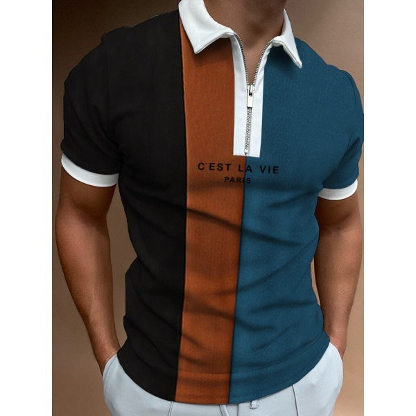 Men's Summer Polo Zipper Color Matching Sports Polo Shirt