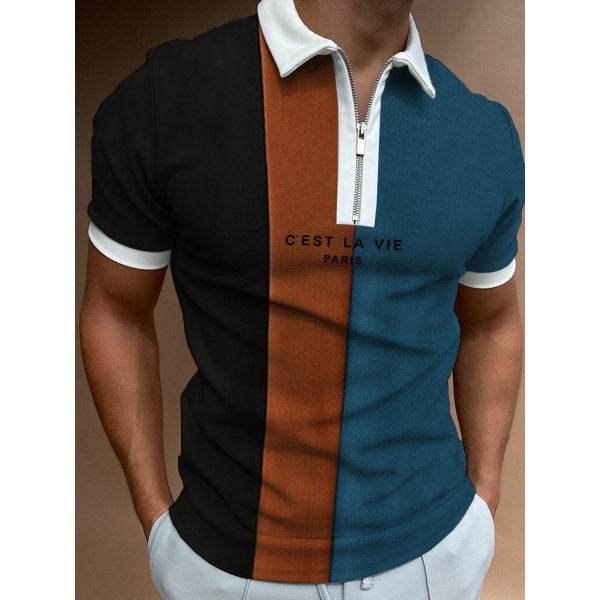 Men's Summer Polo Zipper Color Matching Sports Polo Shirt - Mubimart