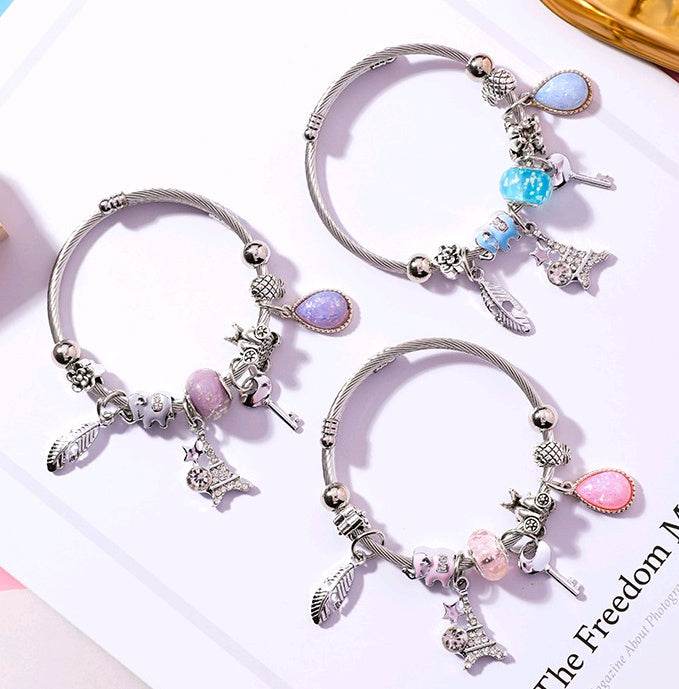 Feather Tower Adjustable Bracelet Crystal DIY Stainless Steel Bracelet National Wind Key Beaded Bracelet Women - Mubimart