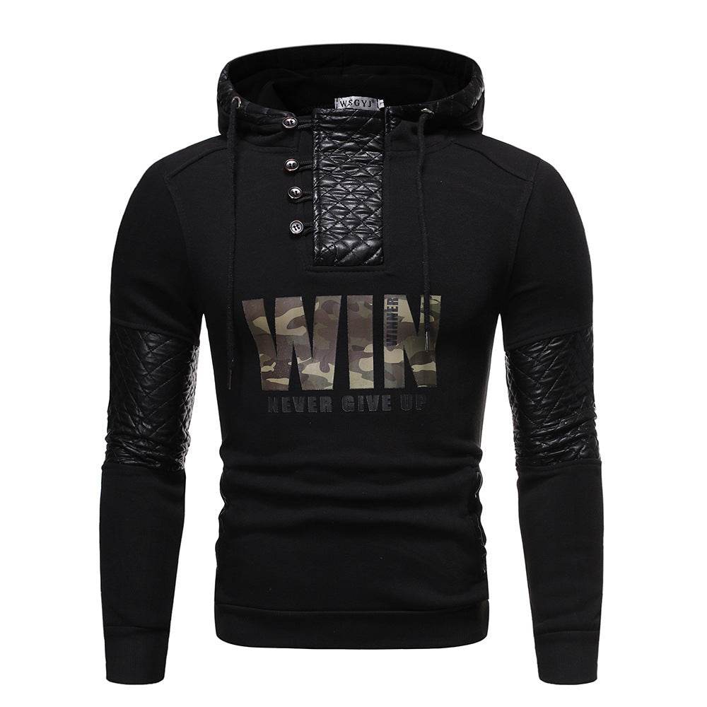 Pu Leather Patchwork Casual Hoodies - Mubimart