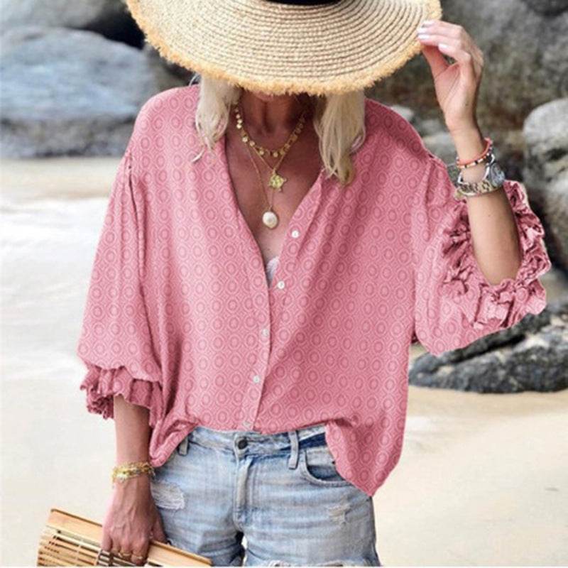 Small dot casual button down blouse for women - Mubimart
