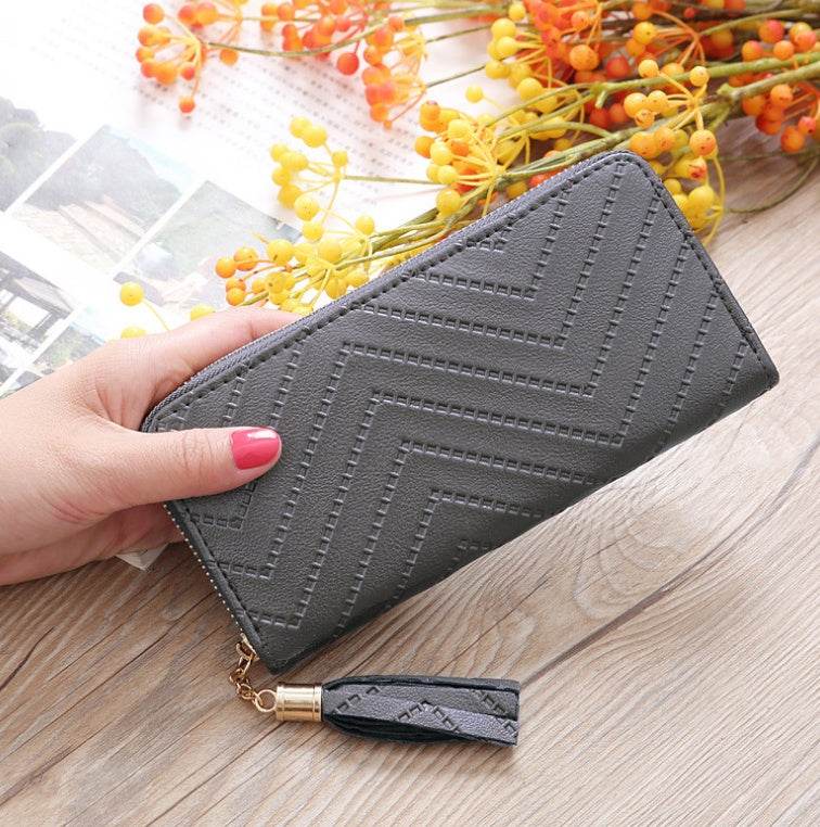 New women's wallet single pull fringed bag long zipper student bag clutch bag - Mubimart