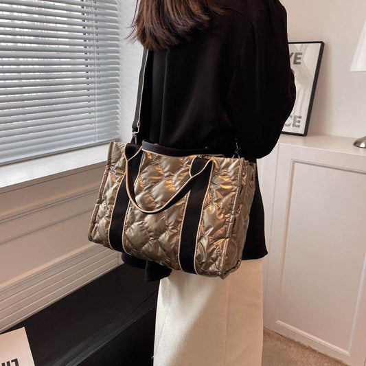 Rhombus Sewing Tote Bag Winter Designer Luxury Down Shoulder Bag High Capacity Commuting Personalized Handbags For Women - Mubimart
