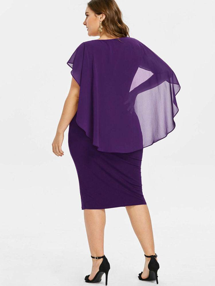 Round Neck Short Sleeve Chiffon Shawl Tight-Fitting Plus Size Dress Women - Mubimart
