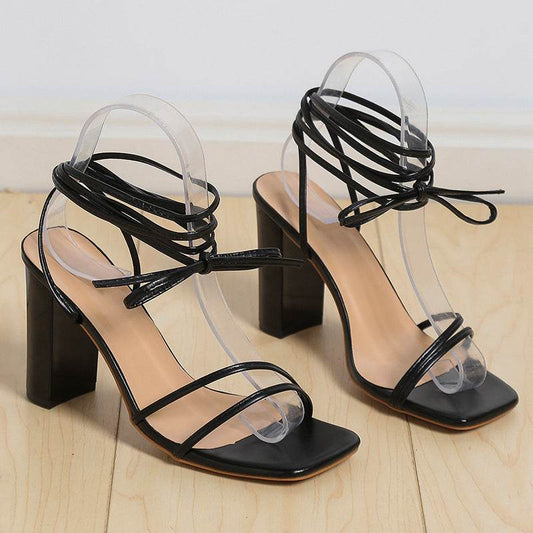 Women's Fashion Simple Square Head Strappy High Heels - Mubimart