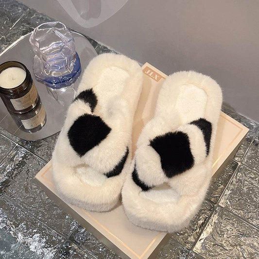 Cross-strap Fuzzy Slippers With 5cm Heel Shoes Women Fashion Winter Indoor Plush House Shoes - Mubimart
