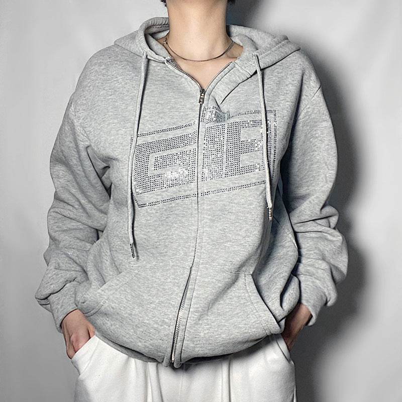 Hoodie Round Neck Loose Letter Rhinestone Zipper - Mubimart