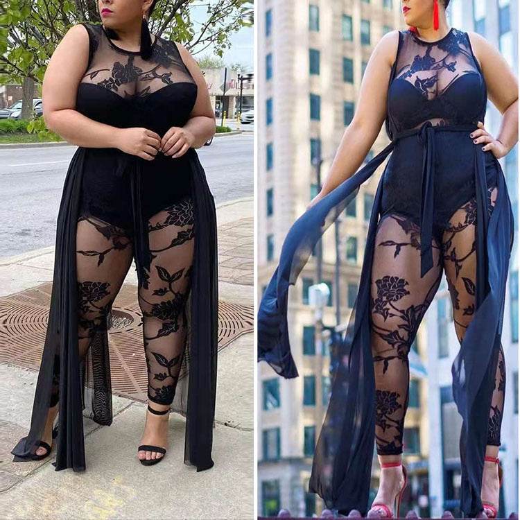 Plus Size Women's Sexy Flocking Jumpsuit Temperament Commuter - Mubimart