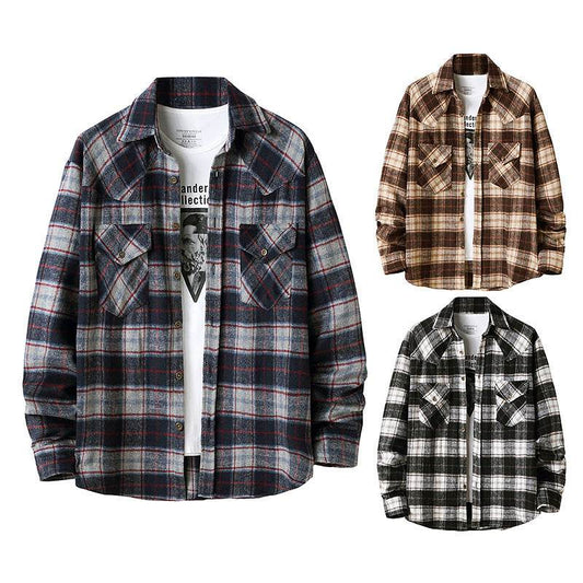 Men's Long Sleeve Flannel Plaid Shirt Jacket - Mubimart