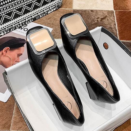 Fashion Square Buckle Thick Heel Grandma Shoes Four Seasons Work Shoes - Mubimart
