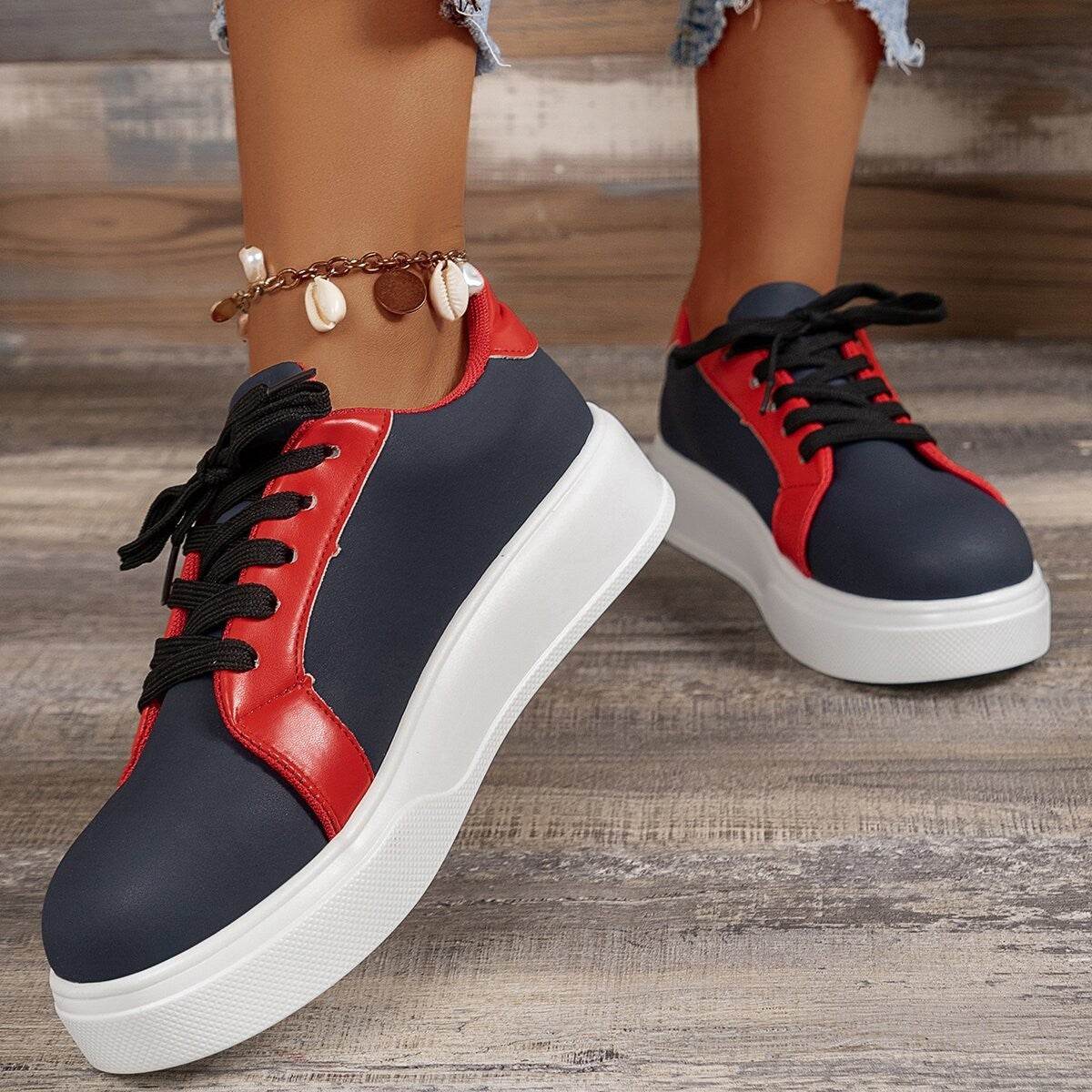 New Lace-up Flats Women Walking Sports Skateboard Shoes Retro Fashion Casual Sneakers - Mubimart