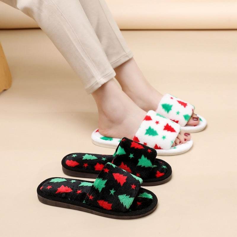 Christmas Tree Home Slippers Fashion Floor Bedroom Open-toe Plush Slippers For Women Fuzzy House Shoes - Mubimart