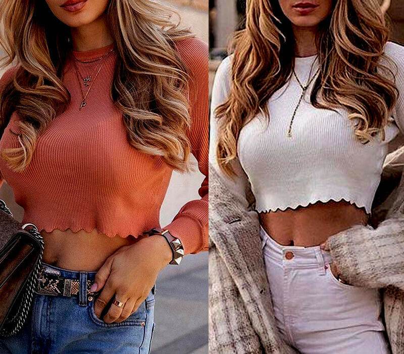 Sexy Women Plain Basic Stretch T- Shirts Crop Top Sweater - Mubimart
