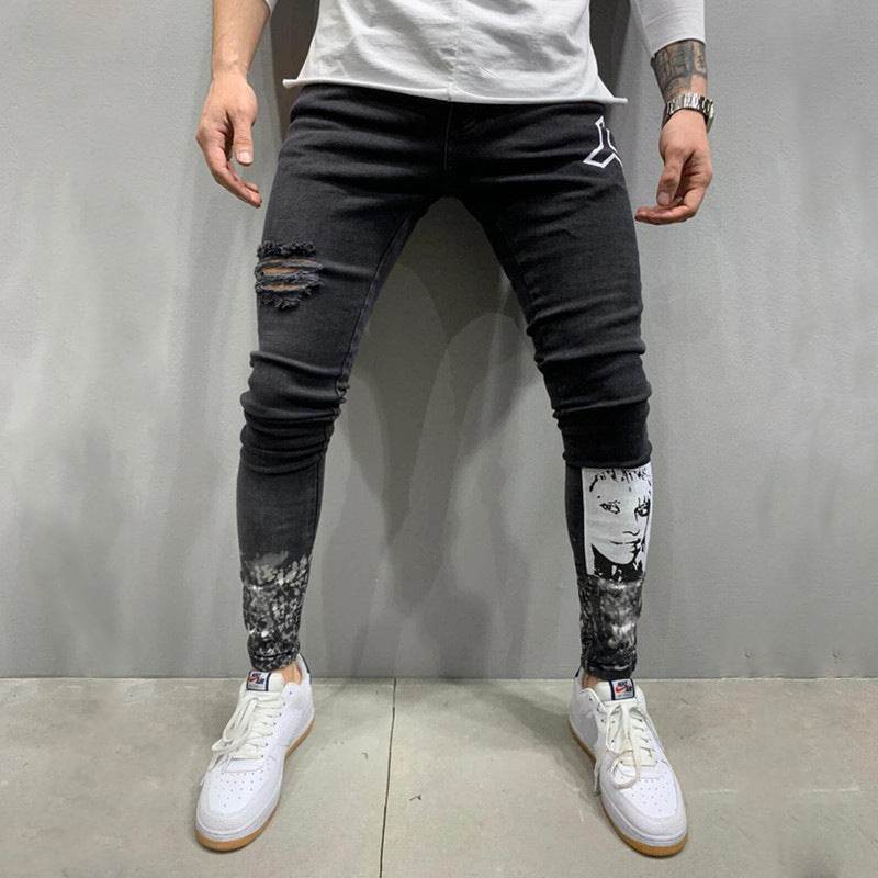 Men's Ripped Stretch Stiletto Jeans Black Jeans - Mubimart