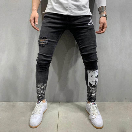 Men's Ripped Stretch Stiletto Jeans Black Jeans - Mubimart